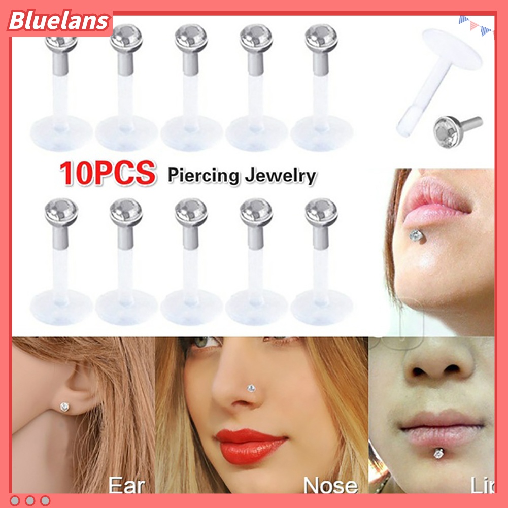 10pcs Cincin Tindik Telinga Bibir Labret Bar Bahan Akrilik Bening Aksen Berlian Imitasi