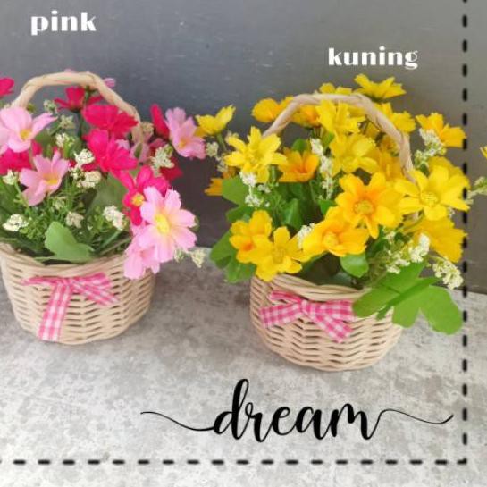 ✲ BUNGA PLASTIK BUNGA ASTER BUKET BUNGA PLASTIK ARTIFICIAL POT ROTAN ➬