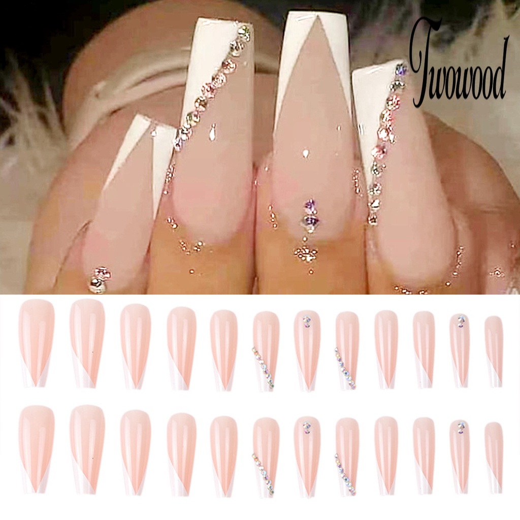 Twowood 1 Set Kuku Palsu Bahan Plastik Aksen Berlian Imitasi Untuk Manicure / Nail Art DIY