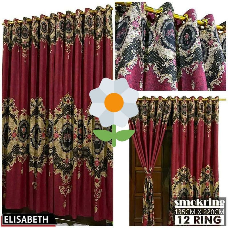 [Bayar Di Tempat]-Gorden/Hordeng Ring 12, Bisa Jendela/Pintu Motif SULTAN ELISABETH MERAH