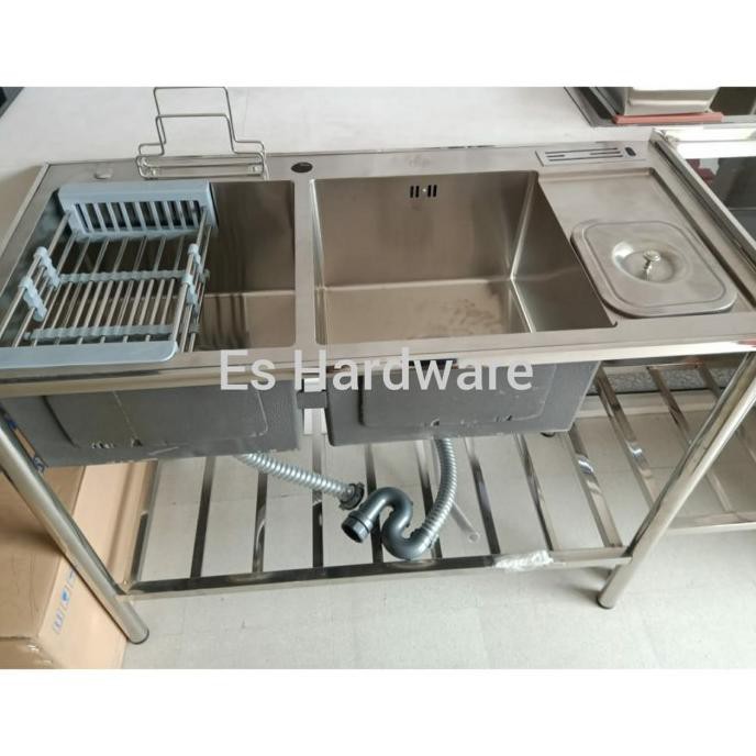 Kitchen Sink 2 Lubang 100X48 / Thsink 1 Meter + Kaki Meja Sink 1 Meter Ready Stok
