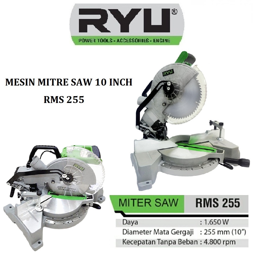 Ryu RMS 255 Mesin Potong Alumunium Kayu Miter Saw 10 Inch Miter Saw 10&quot; / Mitre Gergaji Pigura Alumunium Potong Alumunium Kayu 10 Inch