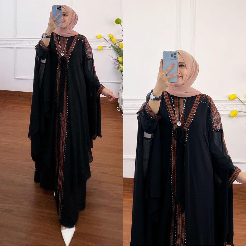 GAMIS ABAYA TURKEY ROMPI KALONG BORDIR GOLD MAROON HITAM