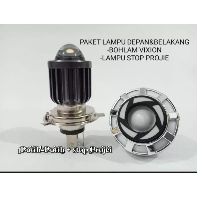 PAKET PROMO BOHLAM VIXION LED PUTIH PUTIH+LAMPU STOP PROJIE ALL MOTOR SOKET 3 KAKI