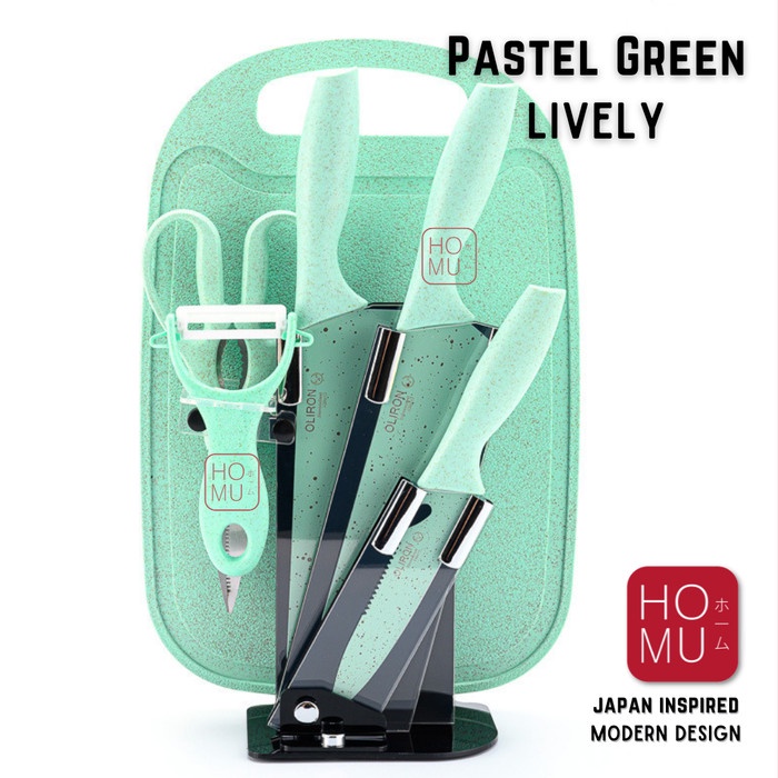 HOMU HOCHO KNIFE SET WITH STAND HOLDER SCISSORS SET PISAU 7IN1 TALENAN - Green MInt promo