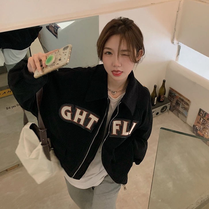 jaket korduroi pendek retro wanita loose casual import korean style jaket hitam baseball wanita