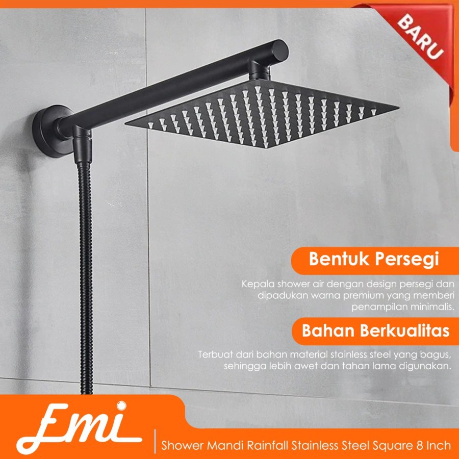 Kepala Shower Mandi Rainfall Stainless Steel Square 8 Inch