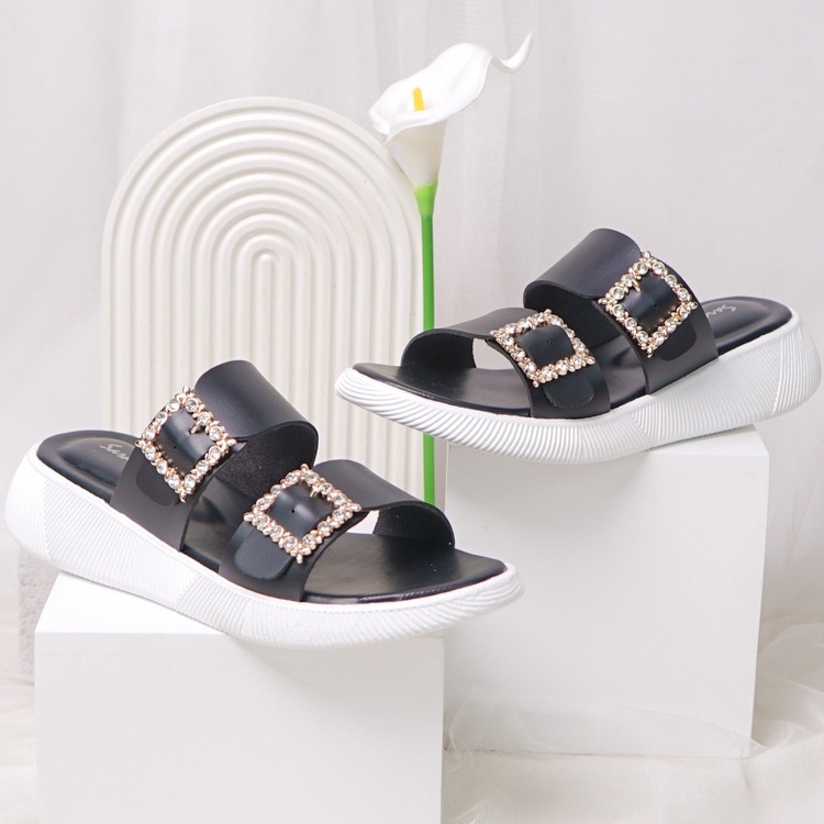 Sara Sara JOA Sandal Slop Wanita Kekinian Gesper Berlian Sendal Selop Cewek Sol Flatform Karet Sandal Wanita Terbaru