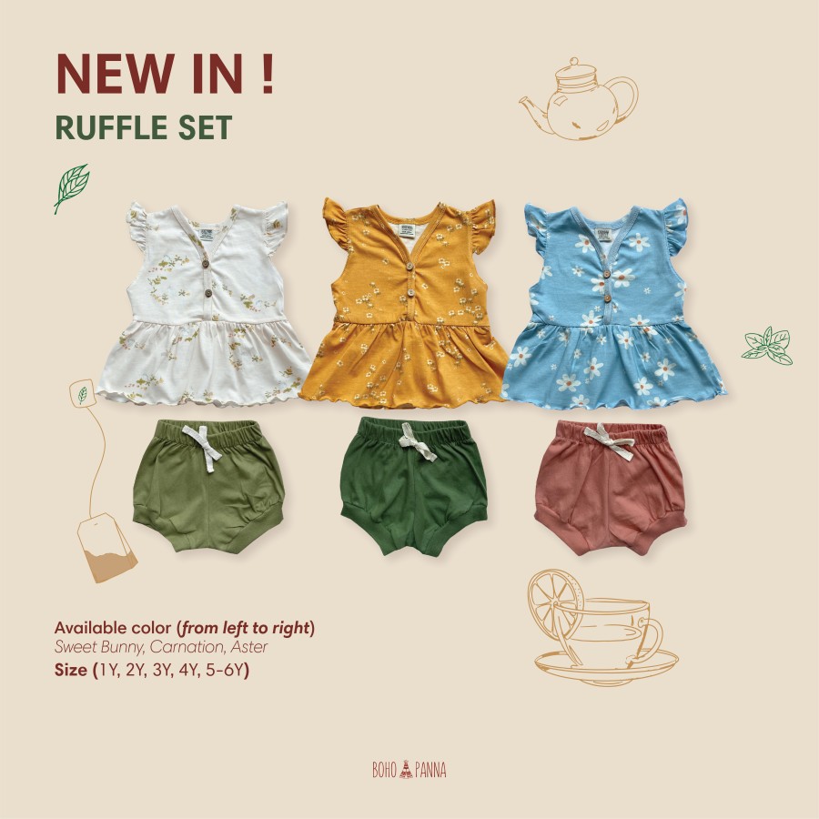 BohoBaby RUFFLE SET / BohoPanna Boho Setelan Anak MOTIF Lengan Ruffle