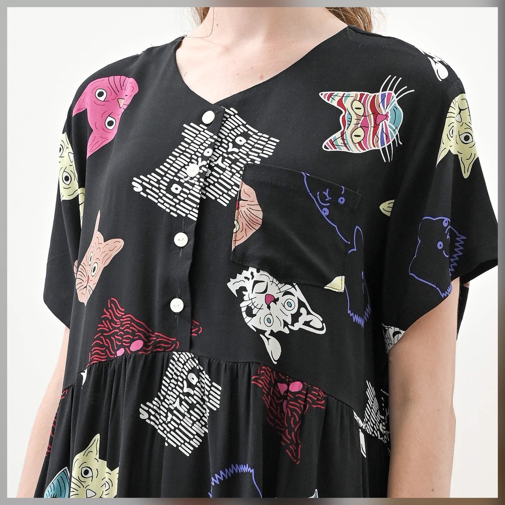 Julia Nightdress - Piyama / Daster Rayon Premium by RAHA Sleepwear-Black Cat