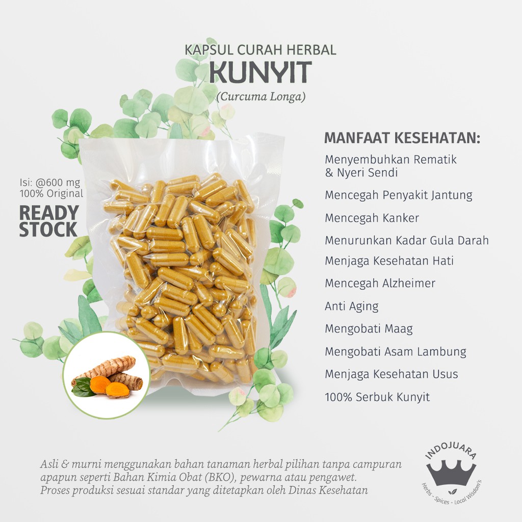 

KUNYIT 100 Kapsul Curah Herbal Anti Aging Jerawat Peradangan Maag Asam Lambung Rematik Stress 600mg