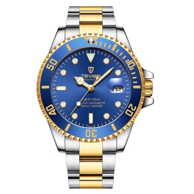 Jam Tangan Pria Mekanik Automatic Tevise Submariner Silver Gold Blue