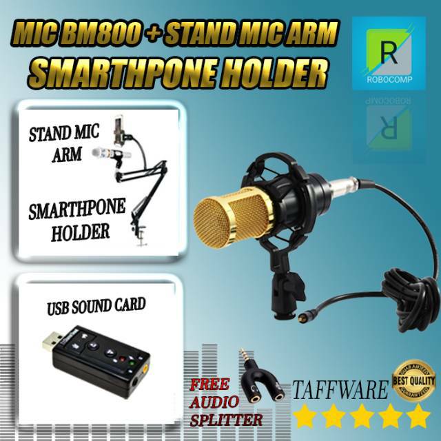 MIC CONDENSER BM 800 + STAND + AUDIO SPLITTER + USB SOUNDCARD