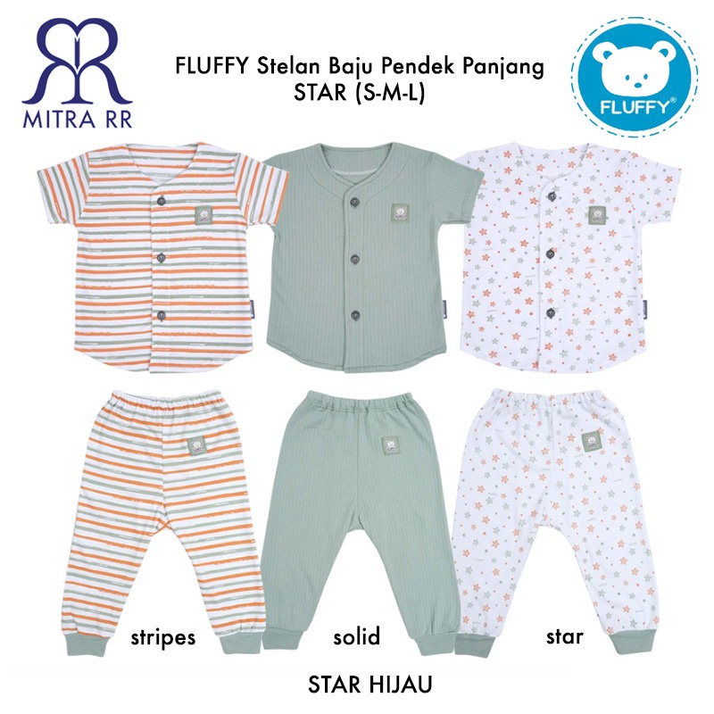 FLUFFY Stelan Baju Kancing Pendek Celana Panjang STAR S M L (3-12 bulan) Setelan Baju Bayi 3 Pasang