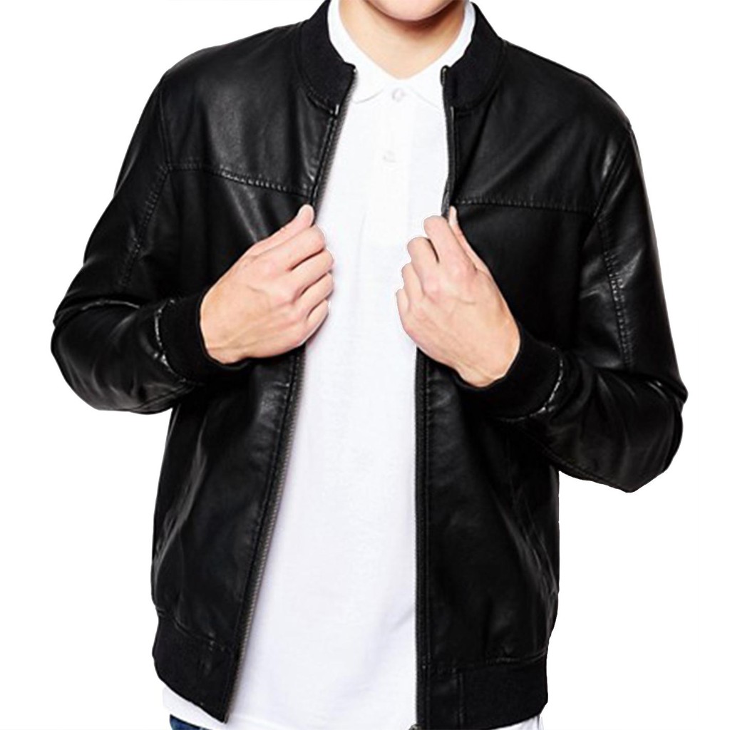 Jaket Kulit Sintetis Bomber Collar