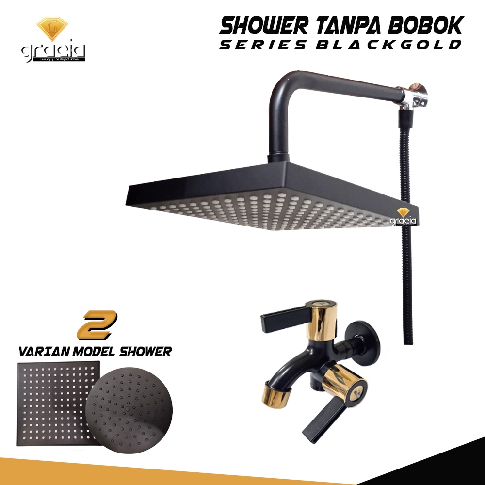 Shower Panas Dingin Black Tanpa Bobok Paket Komplite Serie Black Gold Kran Cabang | Shower Lebar 8inch Tebal Stainless | Shower Head Rainfall