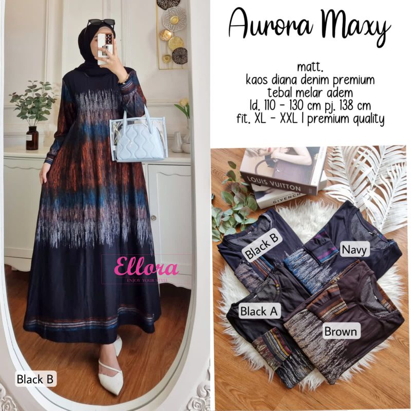 AURORA MAXY by Ellora ; Gamis wanita bahan kaos diana denim tebal melar jumbo berkualitas adem realp