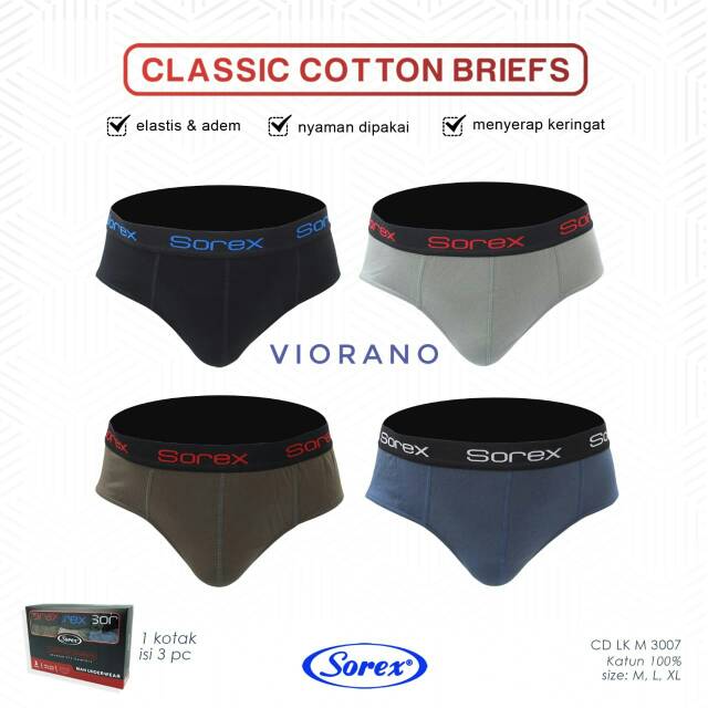 1box Sorex Man M3007 isi 3pcs Celana Dalam Pria Classic Briefs / Cd Cowok Katun M L XL Berkualitas