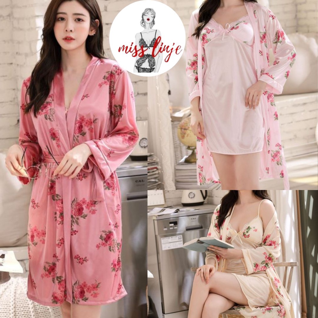 MISS LINJE Setelan Baju Tidur Kimono Floral Satin dan Dress Set Premium Motif Bunga Elegant