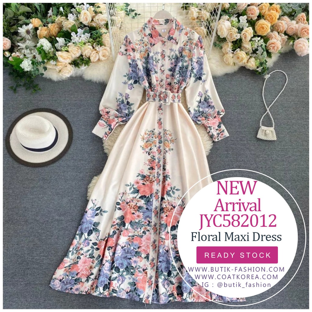 MAXI DRESS FLORAL - LONG DRESS PUTIH LENGAN PANJANG - GAMIS JUMBO SIZE JYC582512