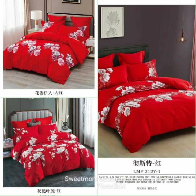 Seprei katun Jepang motif merah bunga putih
