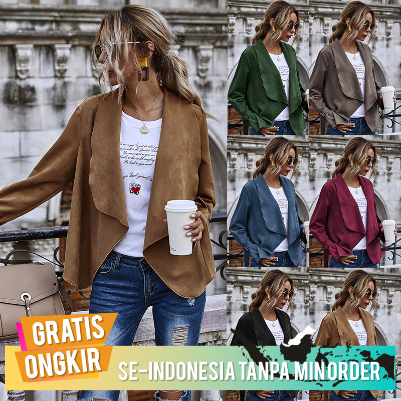 Jaket Kerah Besar Suede Lengan Panjang Wanita Kardigan