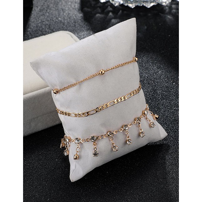 LRC Gelang Tangan Fashion Gold Diamond Tassel Round 3 Layer Alloy Anklet F67390