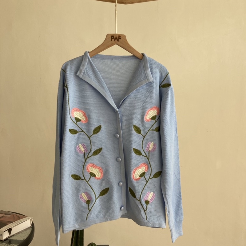 Blue Flower Knit Cardi / Baju Rajut Cardigan Wanita Import