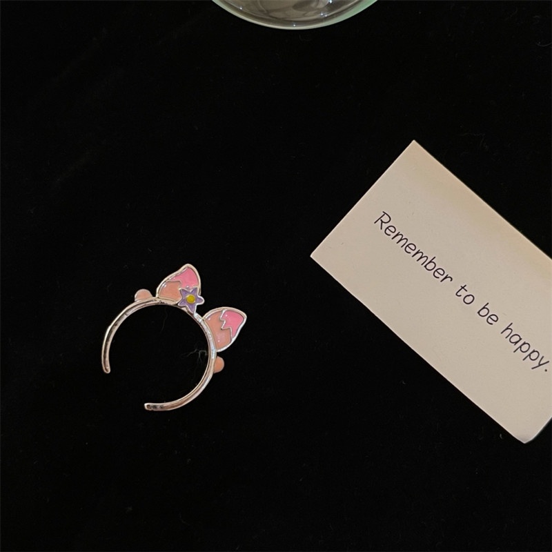 Cincin Jari Telunjuk Model Terbuka Desain Kartun Telinga Kelinci Warna Pink Untuk Wanita