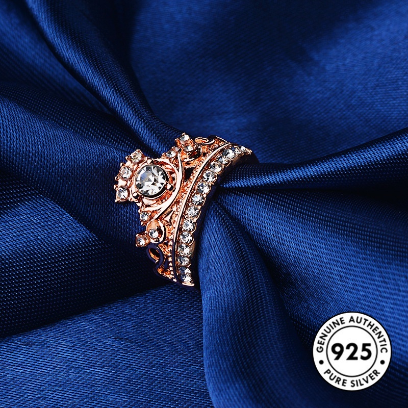 Cincin Bentuk Mahkota Aksen Berlian Bahan S925 Silver Untuk Pasangan