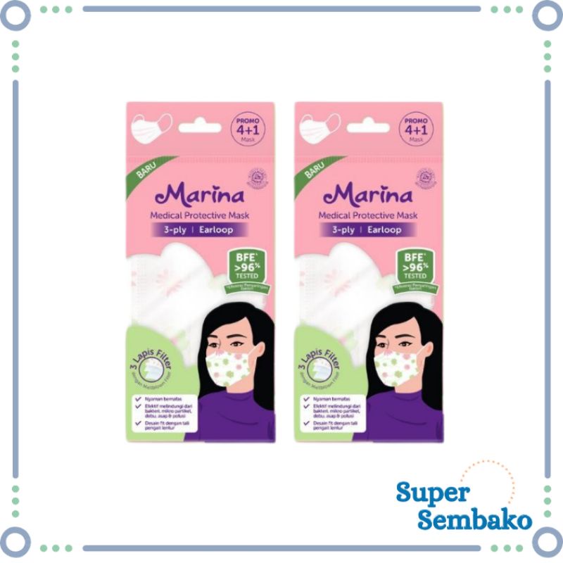 MASKER MEDIS / MEDICAL MASK MARINA MOTIF BUNGA 3PLY EARLOOP ISI 5 PCS