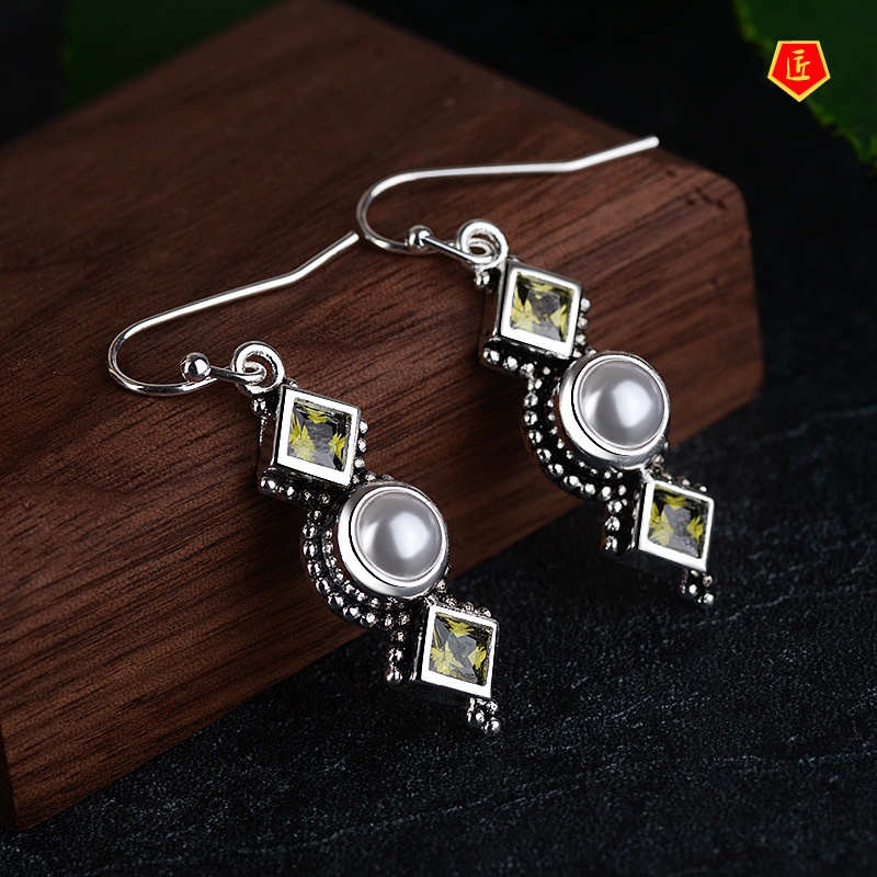 [Ready Stock]Creative S925 Retro Silver Pearl Olive Green Diamond Earrings