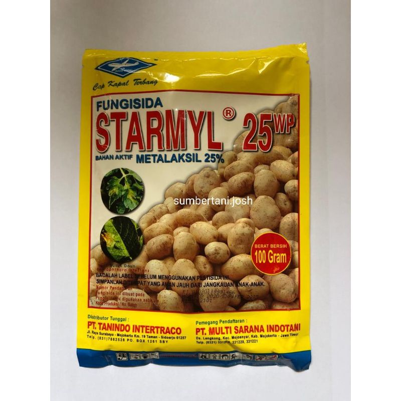 Fungisida STARMYL 25wp  Bahan Aktif Metalaksil 25% Cap Kapal Terbang Isi 100gr