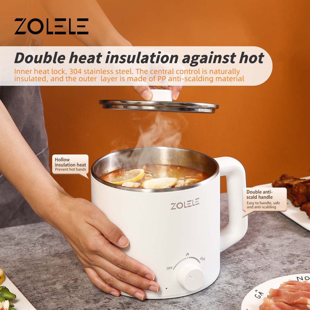 ZOLELE Panci Listrik Serbaguna 2-Layer 1.6L Elektrik Pressure Cooker Low Watt Steamer 4 in 1 Food Frypan Hotpot with Gagang Anti Melepuh Portable Non-stick Peralatan Dapur Home Kitchen ZC301