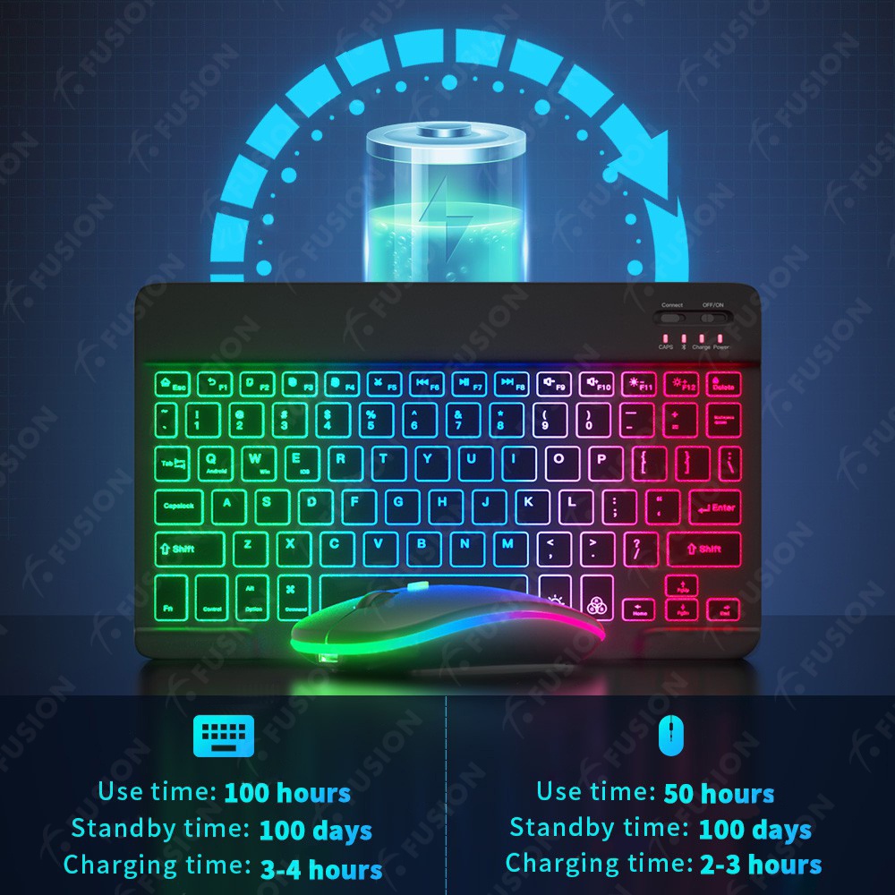 Fusion 10 Inch Backlit Backlight Wireless Keyboard And Mouse LED Colorful Bluetooth Keyboard For iPad Laptop Android iPhone