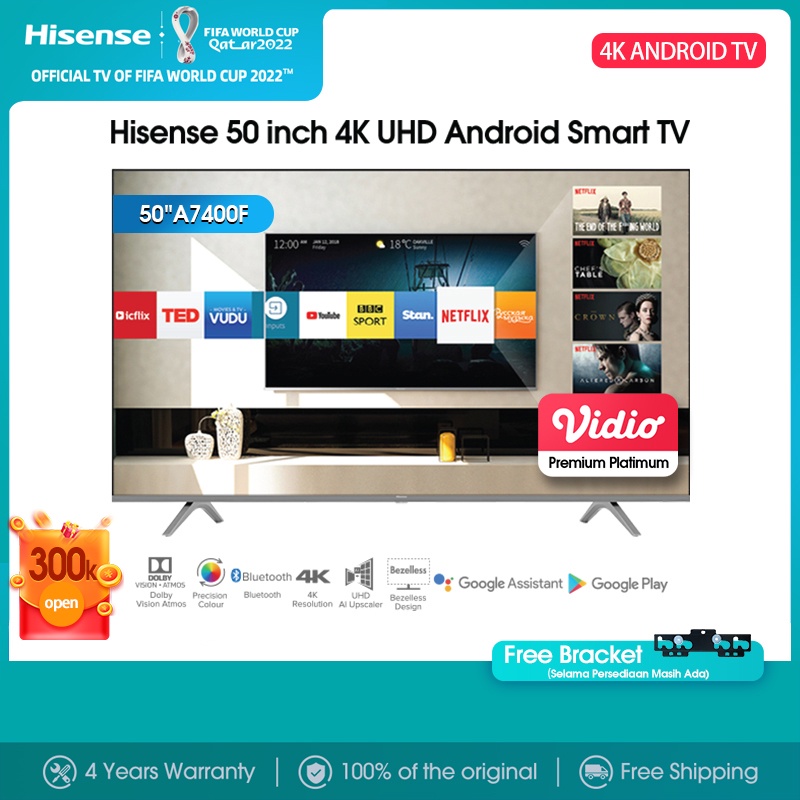 Hisense 50 inch 4K UHD Android Smart TV - Precision Colour - Bezelless Design - Dolby Audio - Blueto