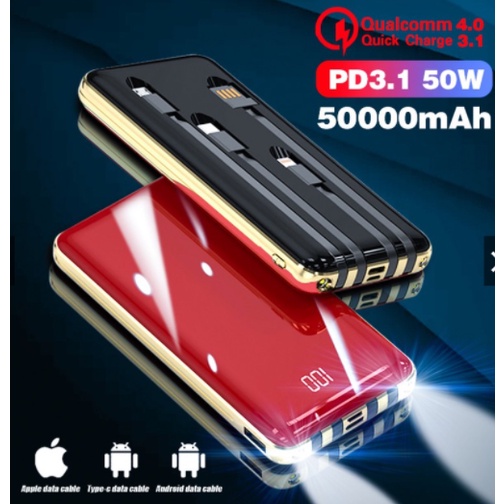 50000mAh Powerbank 4 Cables Full Capacity Mini Powerbank Dual USB Portable Fast Charging Digital Display Power Bank Slim Battery