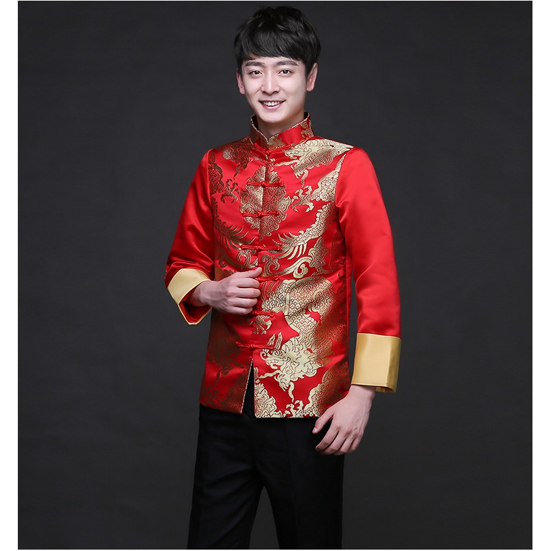 MAN C 023 BAJU CHEONGSAM  KOKO PRIA  WARNA MERAH GAMBAR EMAS 