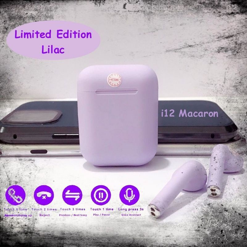 Headset Bluetooth wireless i12 Macaron edisi LILAC