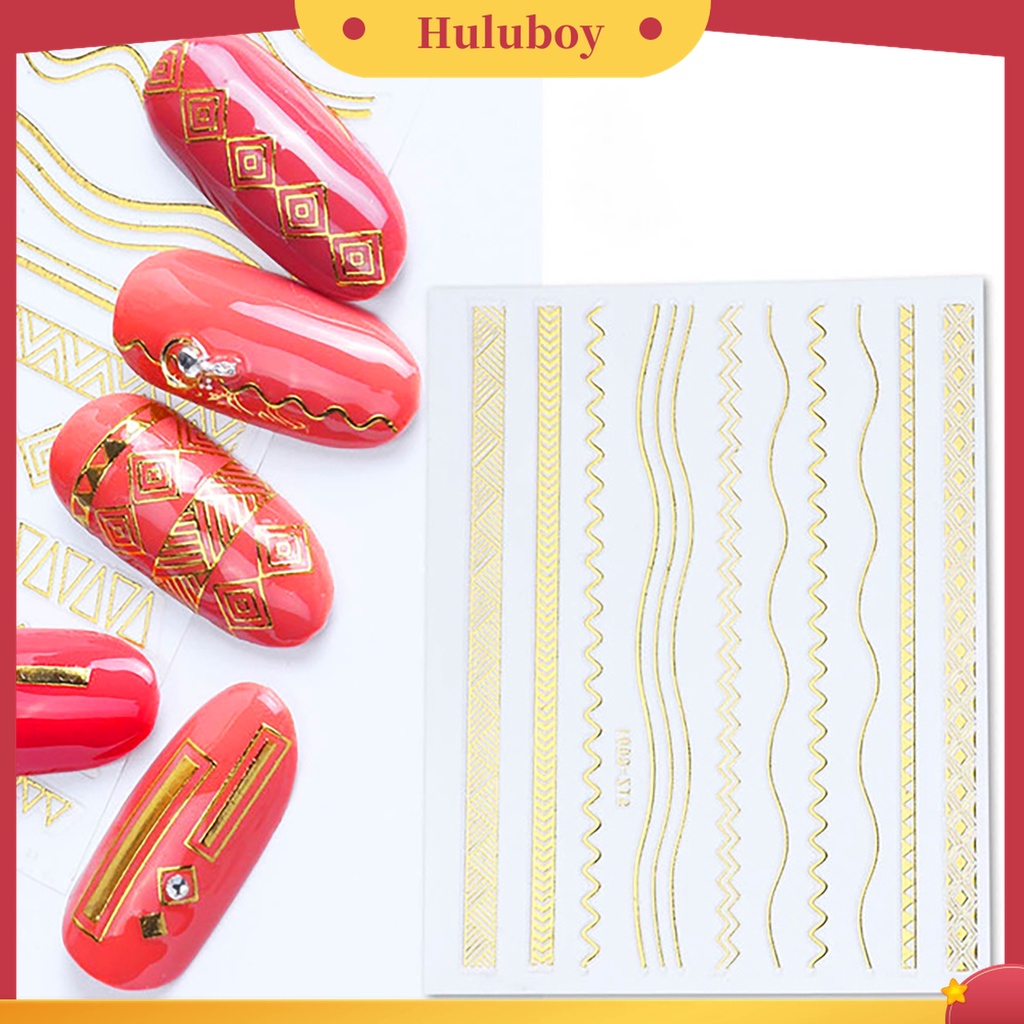 Huluboy Huluboy♡ Stiker Nail Art Bentuk Geometri Warna Emas Bahan PET Tahan Lama Untuk Salon