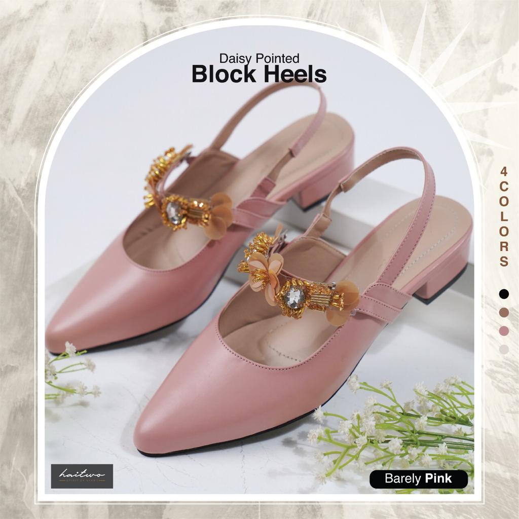 Haitwo Two Block Hells Daisy Pointed Sepatu Sandal Perempuan Cantik Dengan Aksen Bunga