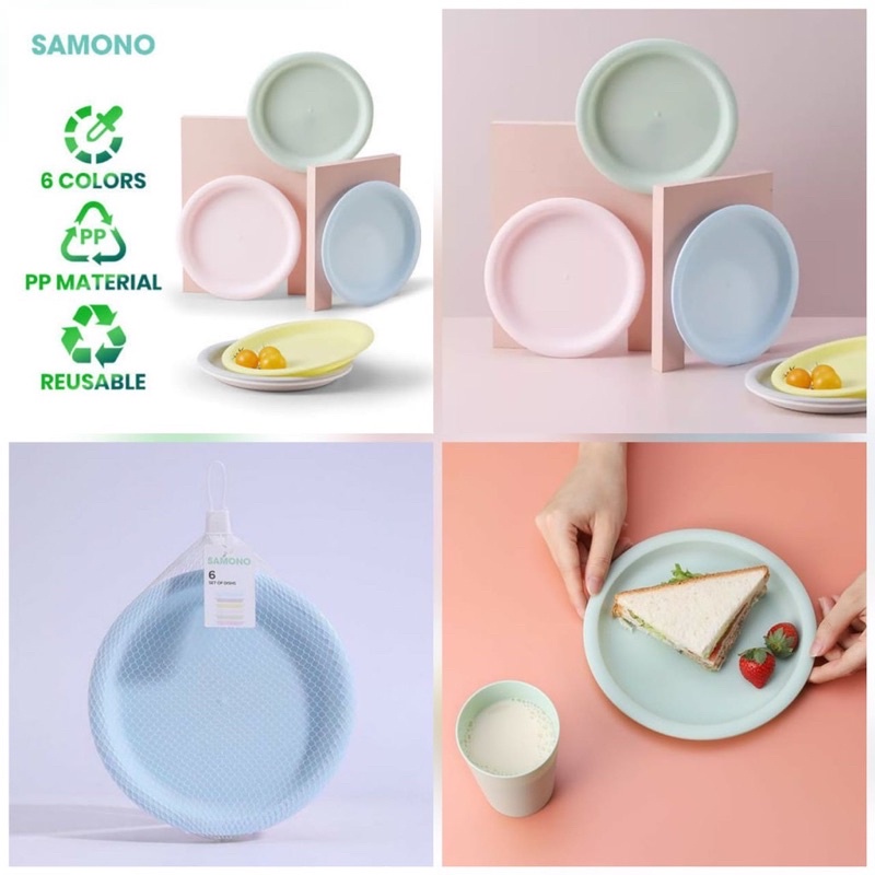 Samono Piring Set ( Isi 6 Pcs ) Plastik Microwave Plastik BPA Free Reusable Warna Warni IKEA High Quality