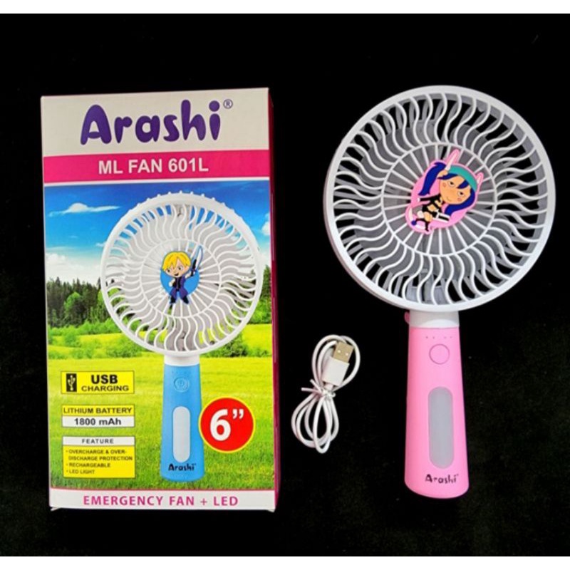 Kipas genggam portable jumbo 6 inci Arashi 601L Handy fan portable dan lampu emergency lamp rechargeable