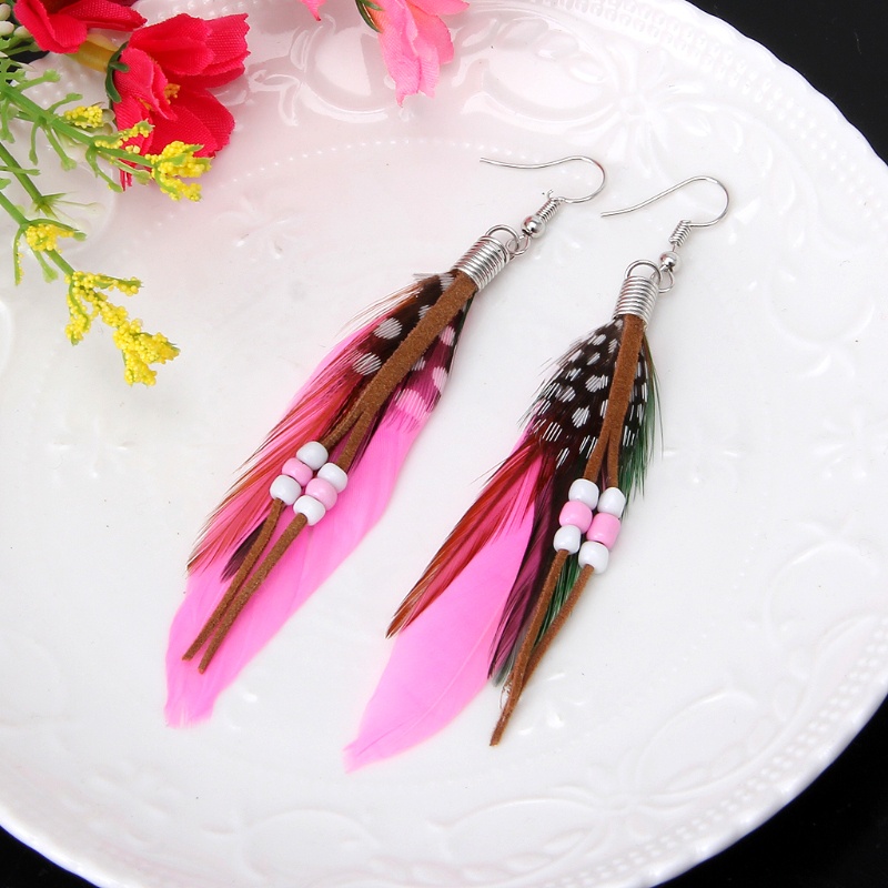 SIY  1 Pair Bohemia Handmade Natural Goose Feather Beads Tassel Dangle Earrings Women