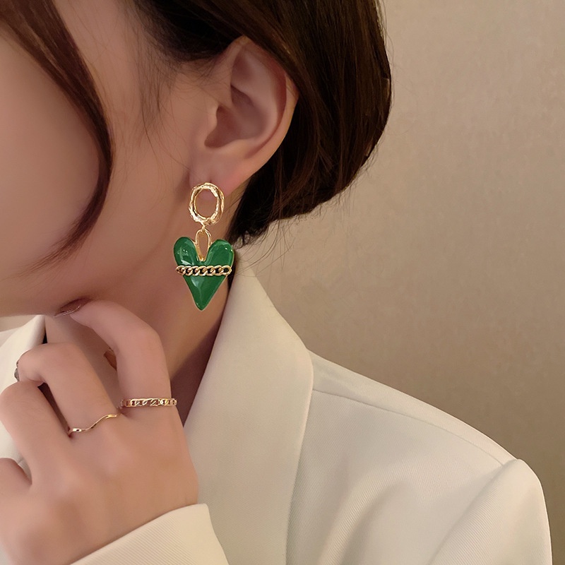 Anting Tusuk Gantung Bahan Sterling silver 925 Desain Hati Hijau Gaya Korea Untuk Wanita