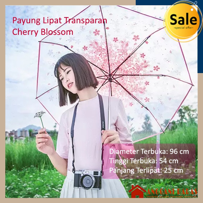 Payung UV Payung Lipat Bening Cherry Blossom Payung Transparan Korea