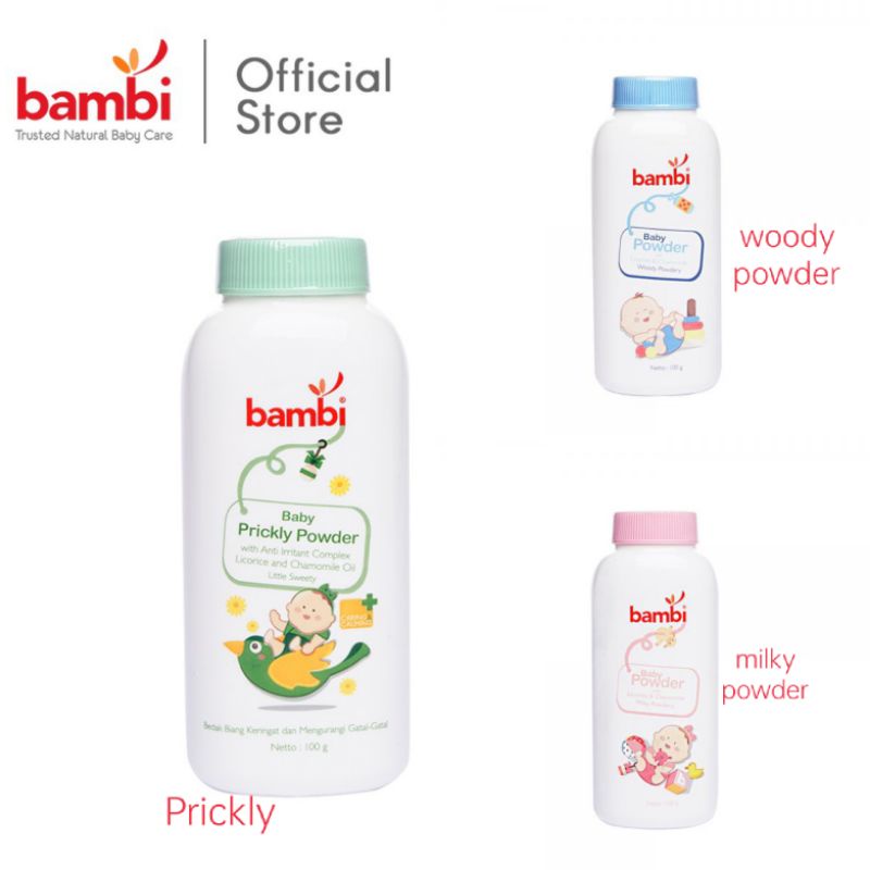 Bambi Baby Powder 100gr 250gr, Milky Prickly Woody, Bedak bayi harum