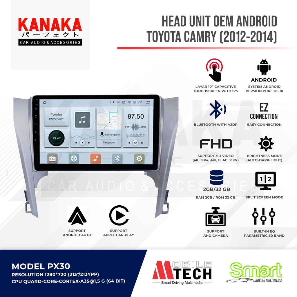 Head Unit ANDROID OS 10 OEM Tape Mobil TOYOTA CAMRY (2012 - 2014) MTech MOBILETECH RAM 2 GB ROM 32 G