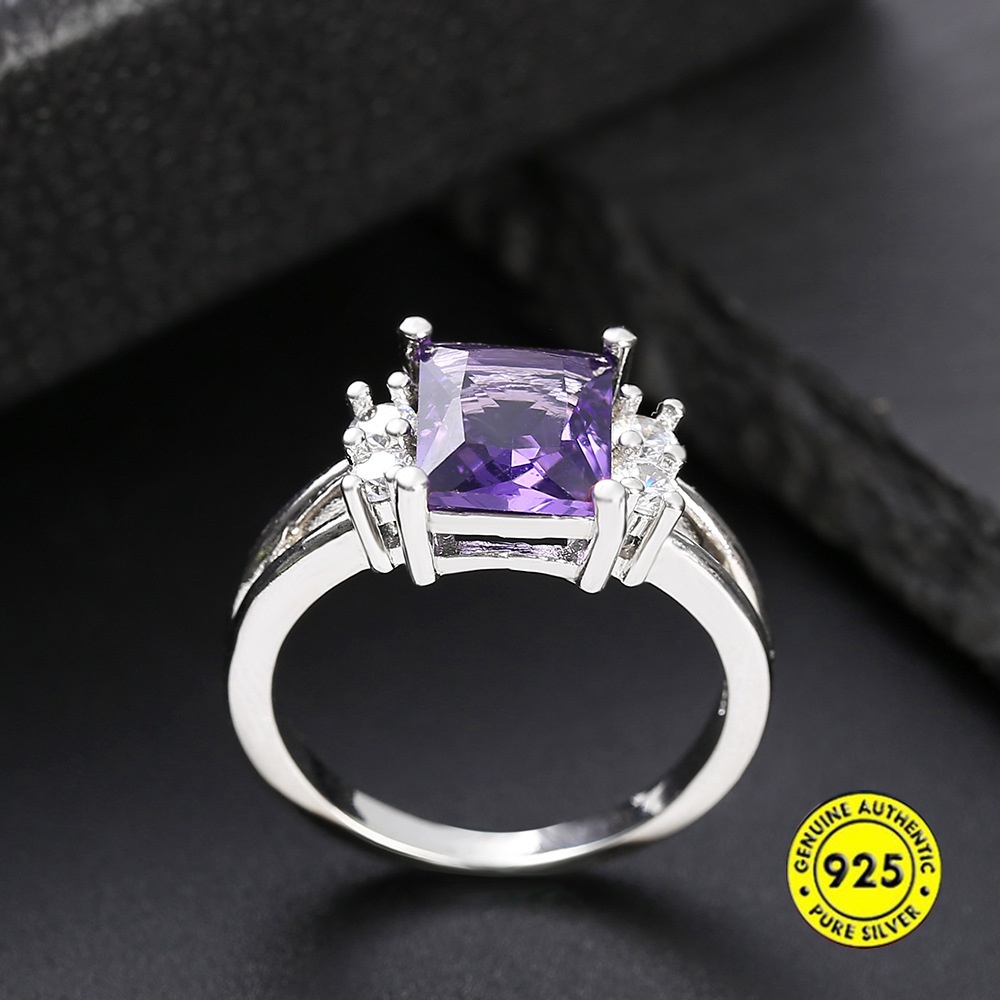 Cincin Zircon Persegi Bahan S925 Silver Platinum Gaya Korea