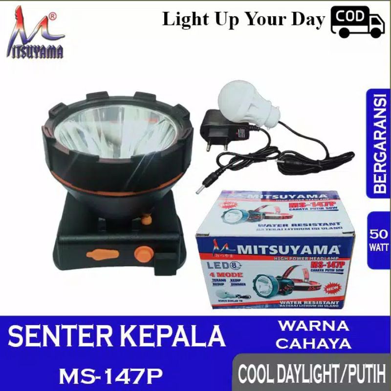 COD Senter Kepala LED 50Watt MITSUYAMA MS-147P Plus bohlam DC Cahaya Putih Headlamp 50W Dimmer Cahaya Putih